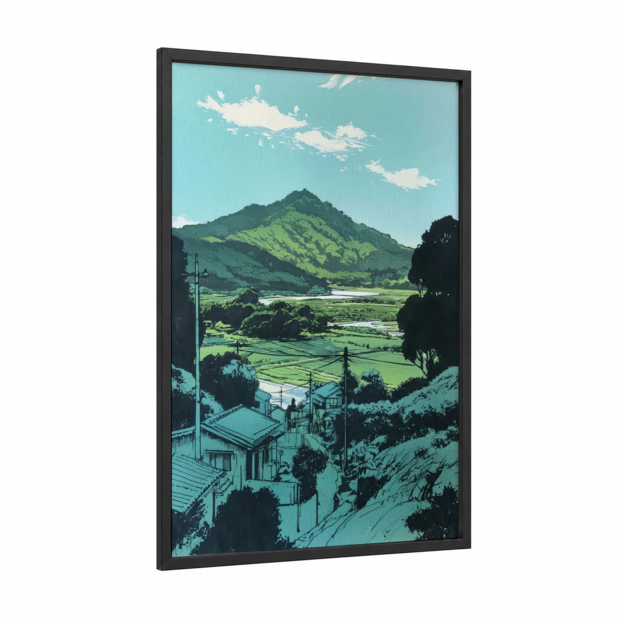 Verdant Valley Vista framed various landscapes print — black wood frame — true green and blue palette