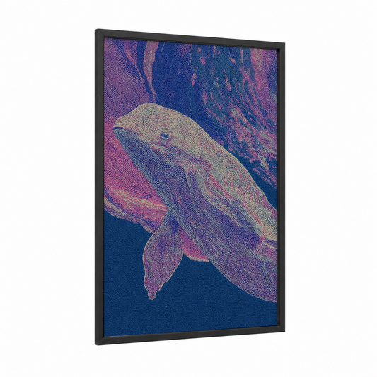 Luminous Beluga framed beluga whale print — black wood frame — blue and pink palette