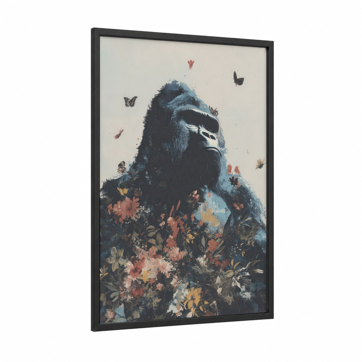 Floral Gorilla framed art print — black wood frame — blue and orange palette