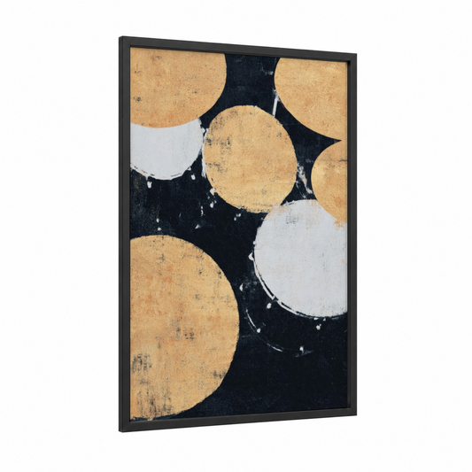 Vintage Drum Kit framed drums print — black wood frame — gold and black and white palette