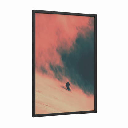 Alpine Descent framed skiing print — black wood frame — salmon pink and dark blue palette