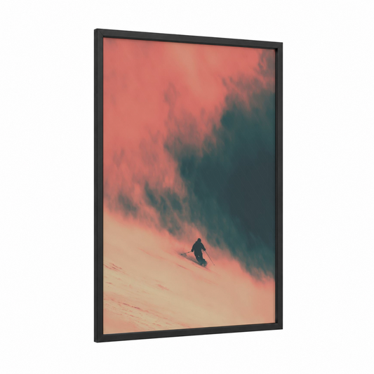 Alpine Descent framed skiing print — black wood frame — salmon pink and dark blue palette