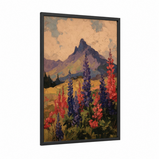 Alpine Lupine Vista framed flower field print — black wood frame — gold and russet palette