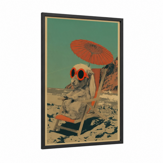 Beachside Miniature Horse framed art print — black wood frame — teal and orange palette
