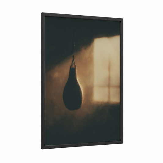 Training Bag Focus framed boxing print — black wood frame — gold and black palette