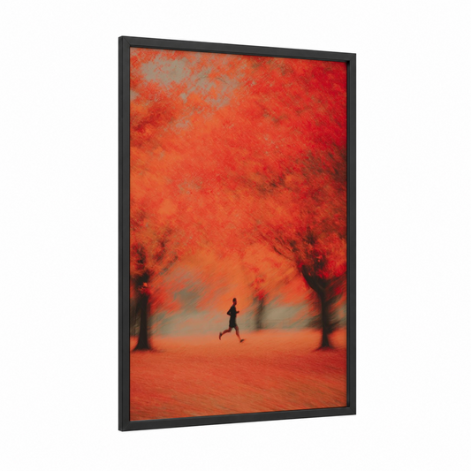 Crimson Running Path framed art print — black wood frame — red and orange palette