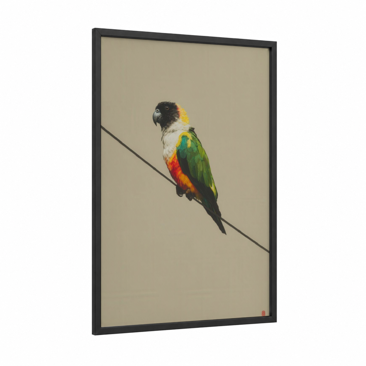 Perched Parrot framed safari parrots print — black wood frame — green and orange palette