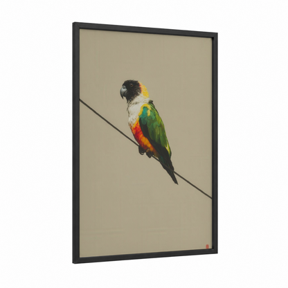 Perched Parrot framed safari parrots print — black wood frame — green and orange palette