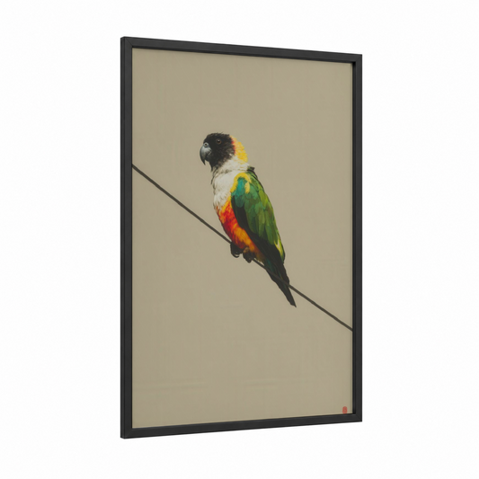 Perched Parrot framed safari parrots print — black wood frame — green and orange palette