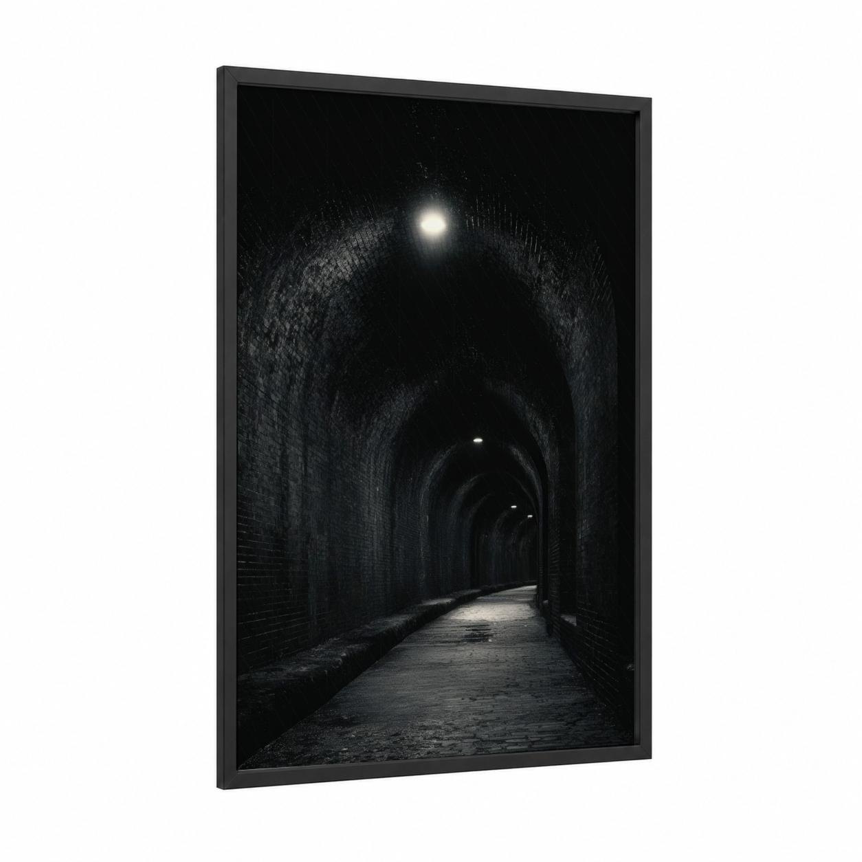 Moonlit Tunnel framed art print — black wood frame — black and white palette
