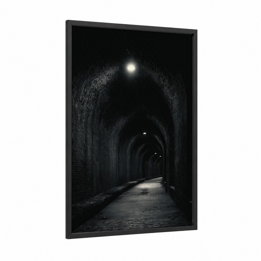 Moonlit Tunnel framed art print — black wood frame — black and white palette