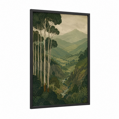 Mountain Valley Forest Landscape Wall Art framed art print — black wood frame — true green and beige palette