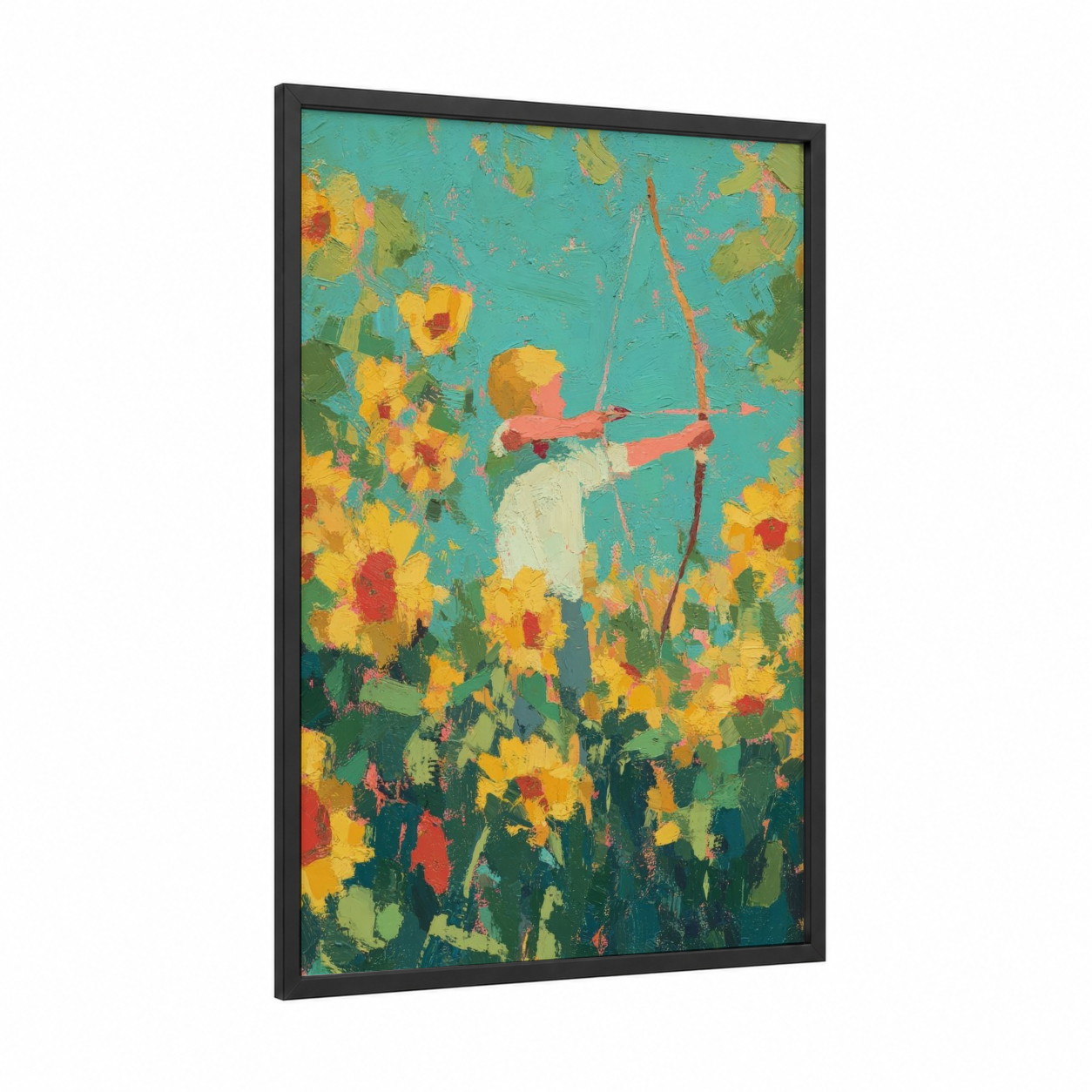 Sunflower Archer framed archery print — black wood frame — turquoise and yellow gold palette