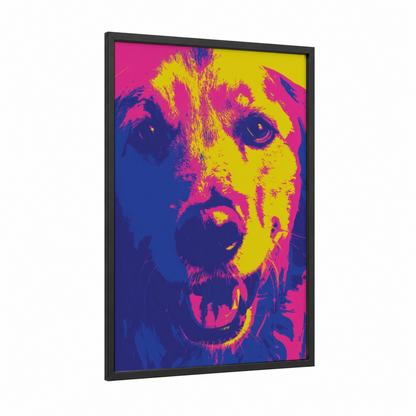 Neon Retriever framed art print — black wood frame — magenta and yellow palette