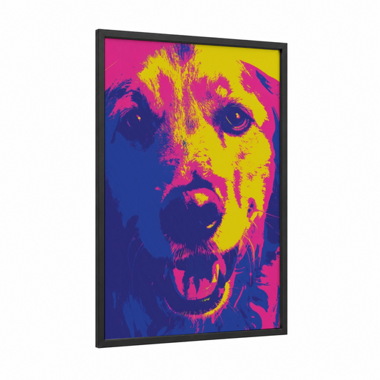 Neon Retriever framed art print — black wood frame — magenta and yellow palette