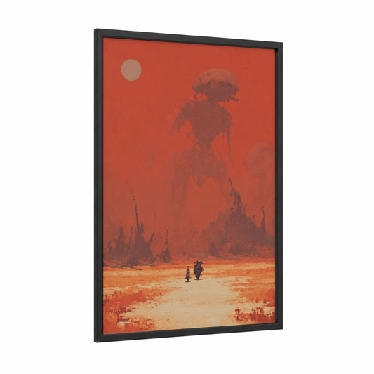 Martian Sentinels framed sci-fi print — black wood frame — red and orange palette