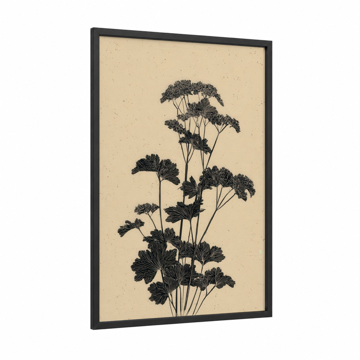 Botanical Herb Study framed herbs print — black wood frame — cream and black palette