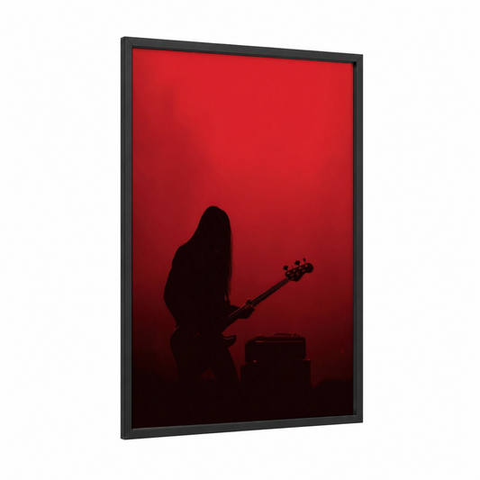 Crimson Metal Silhouette framed death metal print — black wood frame — red and black palette