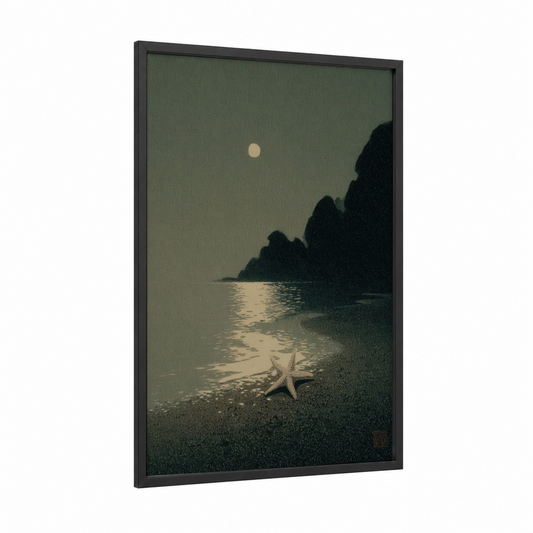 Moonlit Starfish framed art print — black wood frame — dove gray and black palette