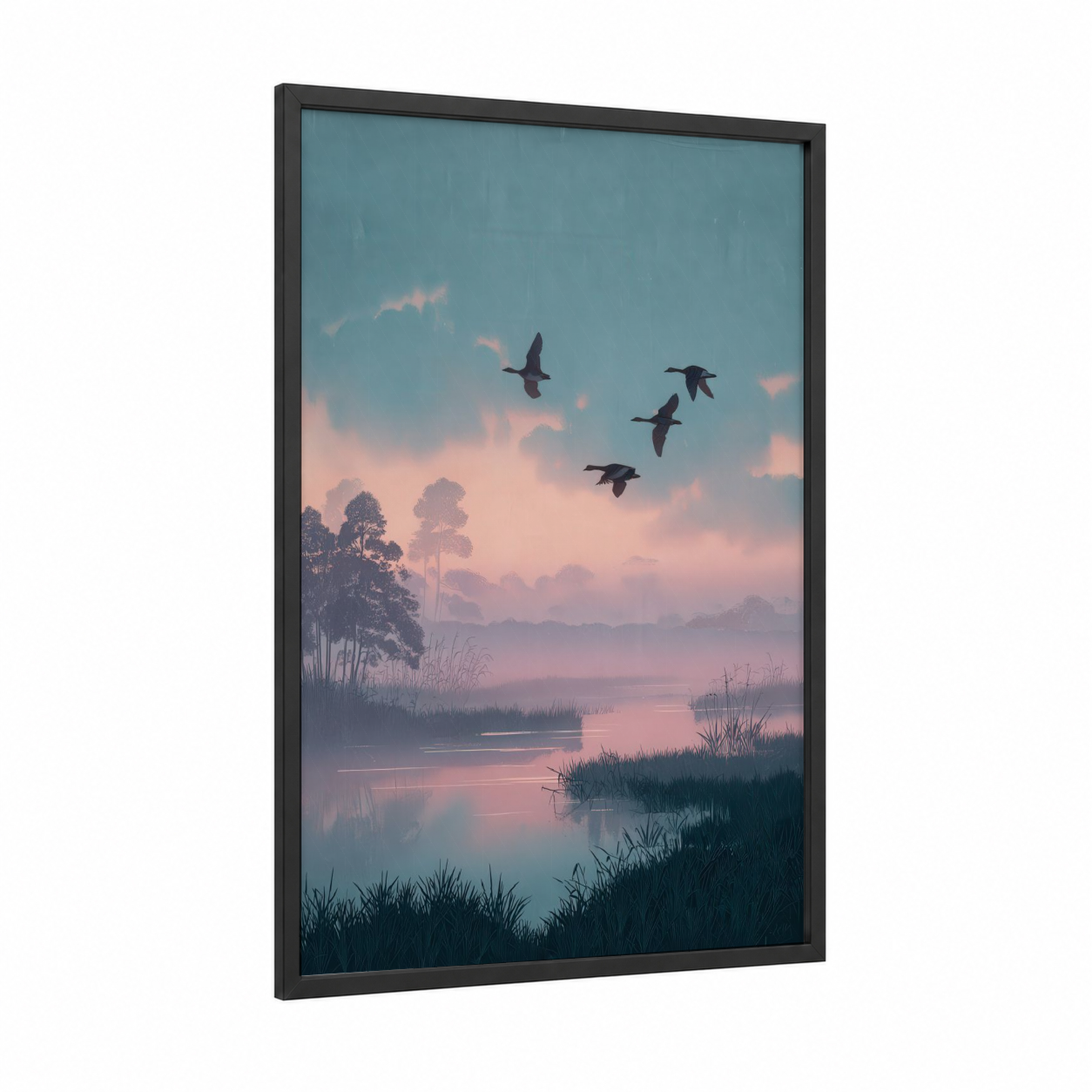 Misty Dawn Ducks framed art print — black wood frame — blue palette