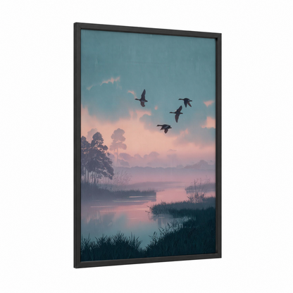 Misty Dawn Ducks framed art print — black wood frame — blue palette