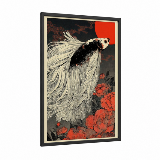 Crimson Betta Fish framed fighting fish print — black wood frame — red and black and white palette