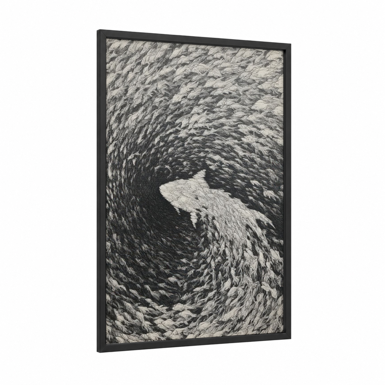 Swirling Goldfish framed art print — black wood frame — black and white palette
