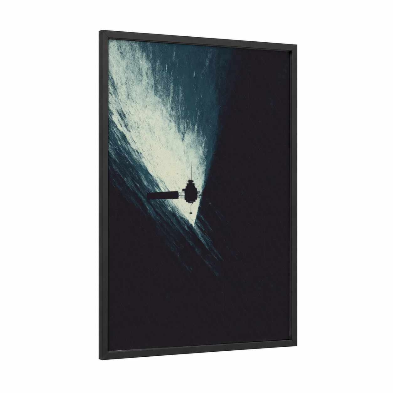 Orbital Sentinel framed satellite print — black wood frame — dark blue and white palette