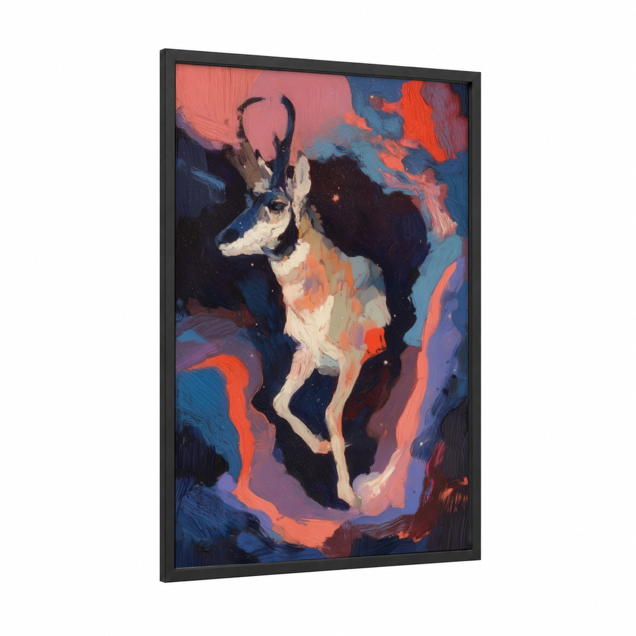 Neon Antelope framed art print — black wood frame — orange and blue palette