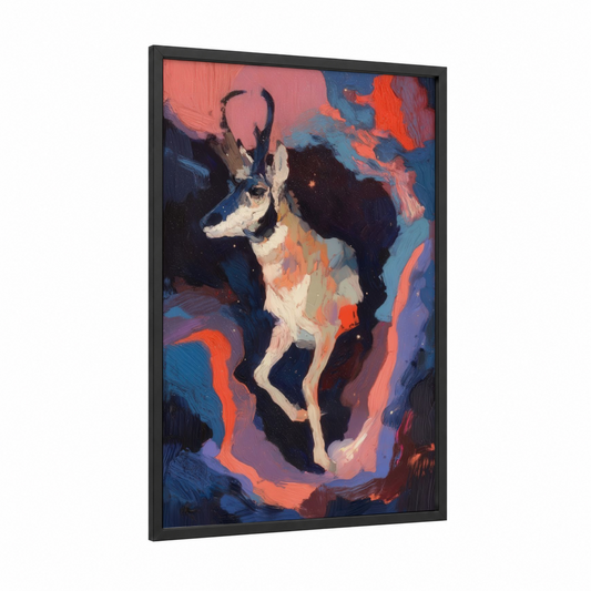 Neon Antelope framed art print — black wood frame — orange and blue palette
