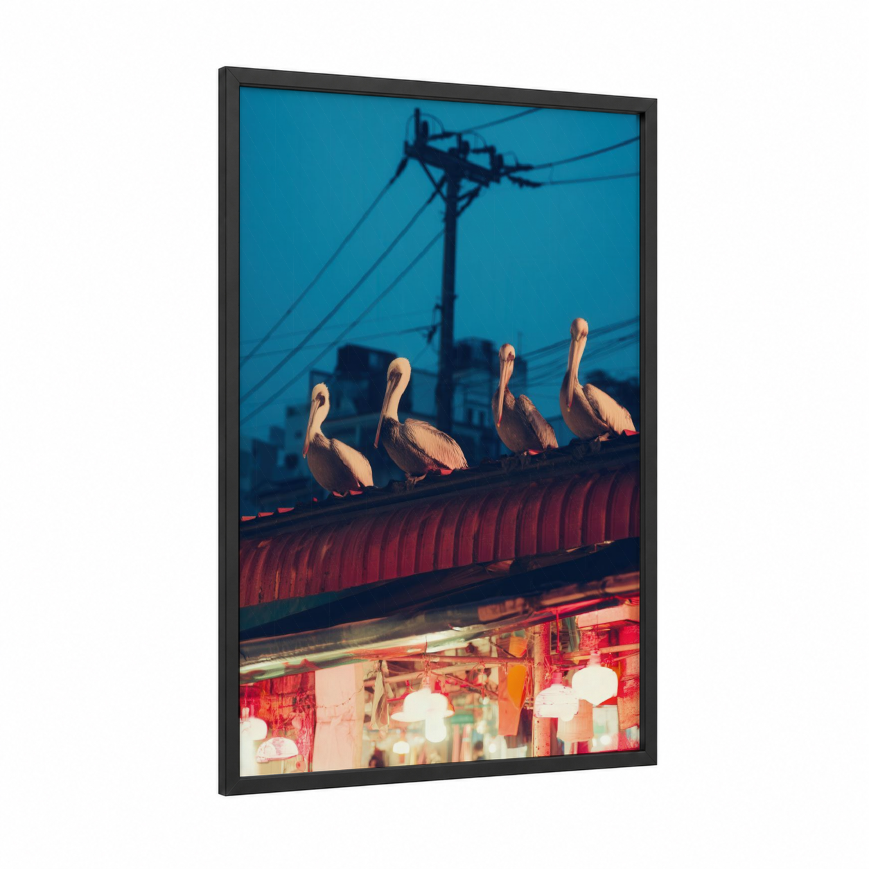 Urban Pelicans framed art print — black wood frame — blue and orange palette