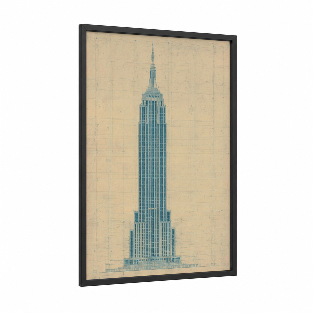Empire State Blueprint framed empire state building print — black wood frame — blue and cream palette