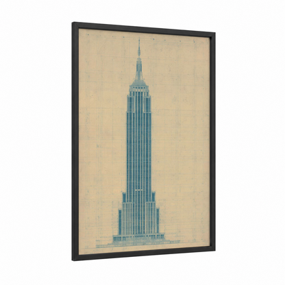 Empire State Blueprint framed empire state building print — black wood frame — blue and cream palette