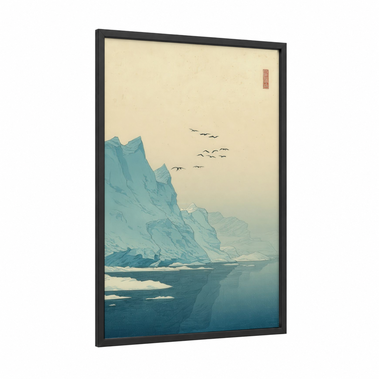 Misty Glacier Cliffs framed art print — black wood frame — blue and white and cream palette