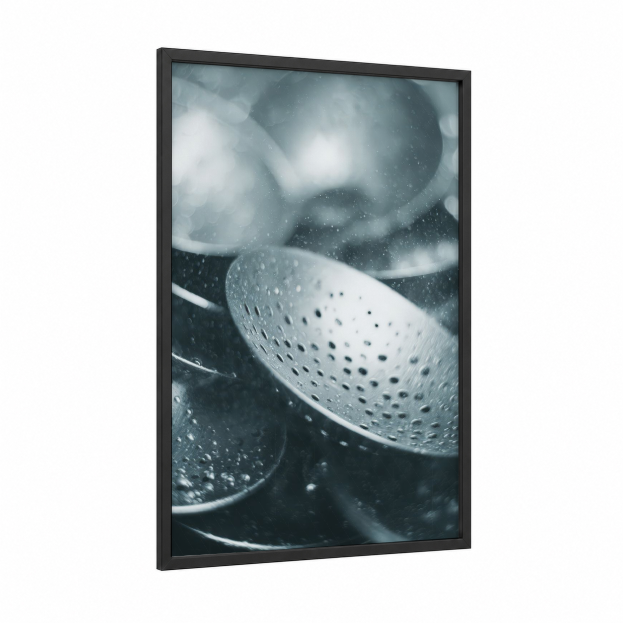 Draining Colanders framed kitchen utensils print — black wood frame — black and white and gray palette