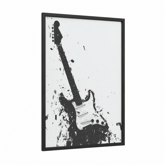 Shattered Stratocaster framed electric guitar print — black wood frame — black and white palette