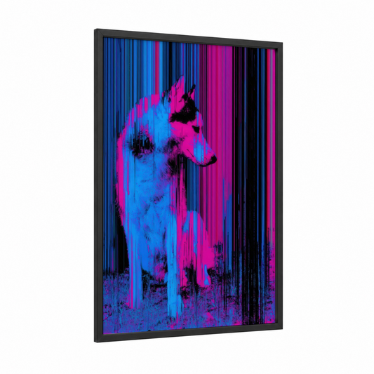 Neon Husky framed art print — black wood frame — blue and magenta palette