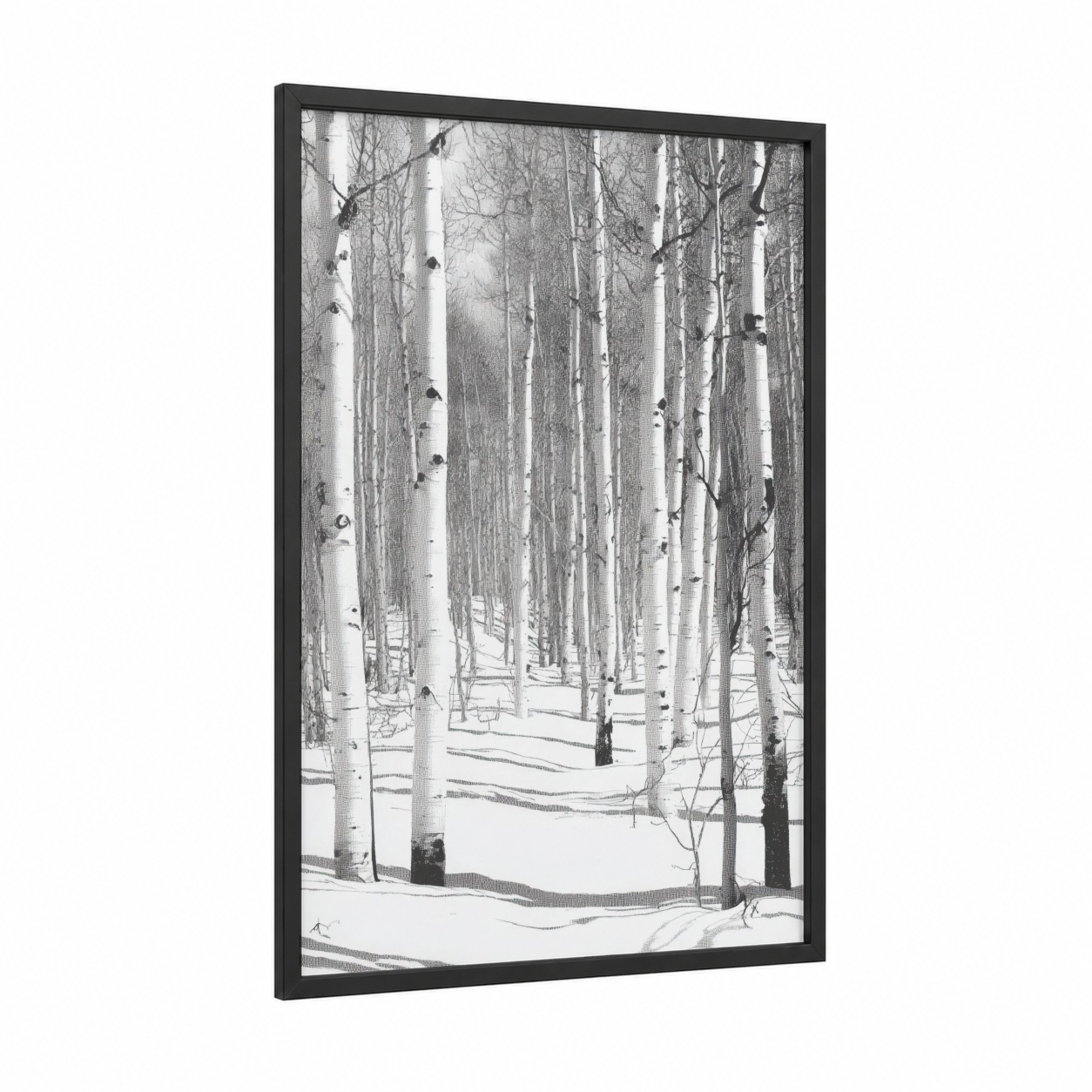 Snowy Aspen Grove framed aspen forest print — black wood frame — black and white and gray palette