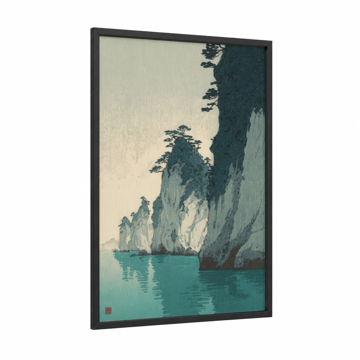 Coastal Cliff Serenity framed art print — black wood frame — teal and gray and white palette