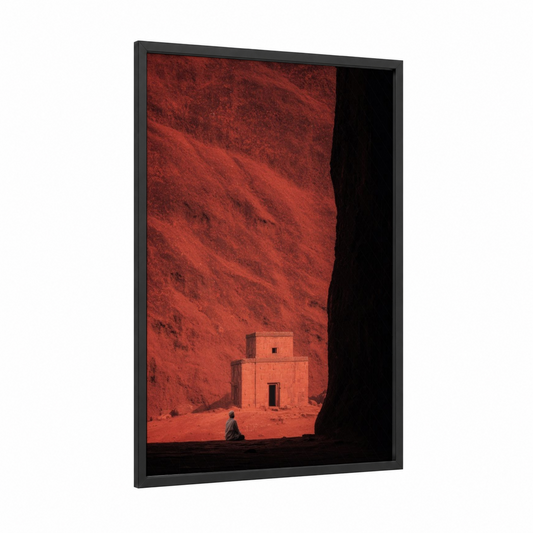 Crimson Monastery framed art print — black wood frame — red and black palette