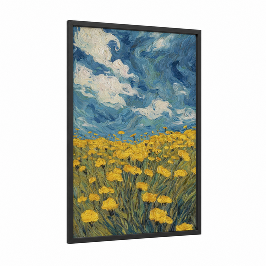 Dandelion Dream Sky framed art print — black wood frame — blue and yellow gold palette