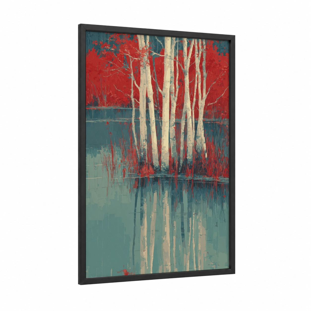 Crimson Birch Reflection framed birch tree print — black wood frame — red and teal palette