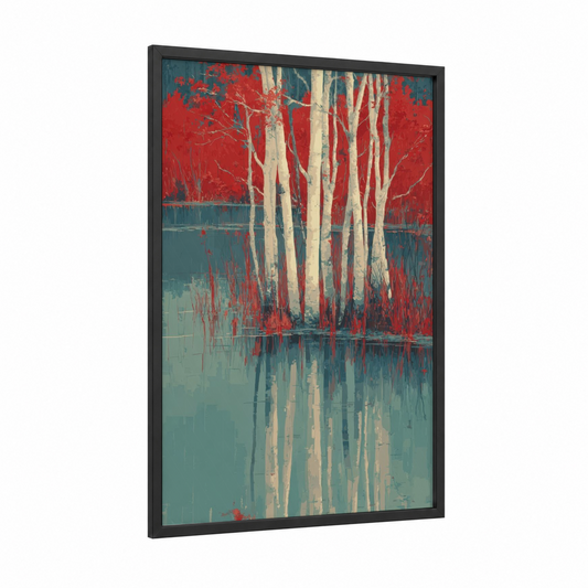 Crimson Birch Reflection framed birch tree print — black wood frame — red and teal palette