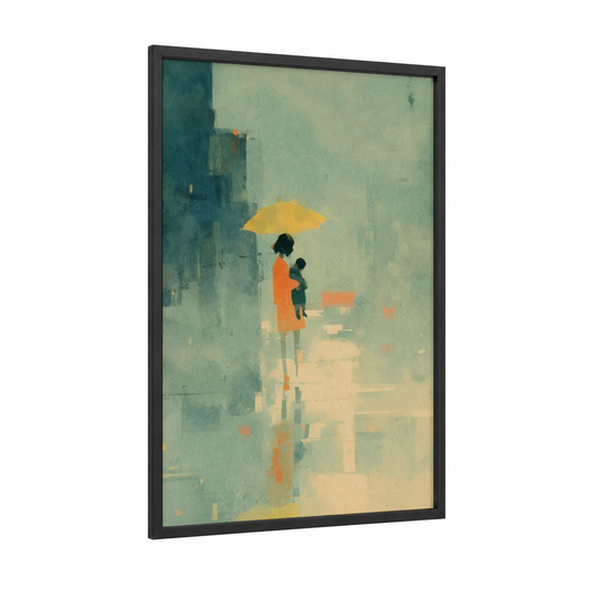 Rainy Day Embrace framed mother's day print — black wood frame — teal and gold palette
