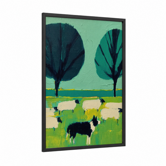 Pastoral Herding framed shepherd dogs and collies print — black wood frame — light green and true green palette