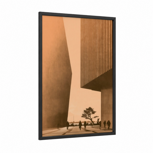 Minimalist Promenade framed abstract architecture print — black wood frame — peach and russet palette