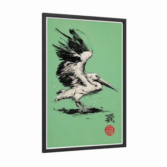 Emerald Pelican framed art print — black wood frame — light green and black and white palette