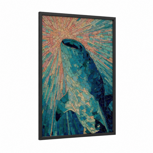 Mosaic Whale Shark framed art print — black wood frame — teal and peach palette