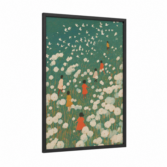 Dandelion Dreams framed kids magic and fantasy print — black wood frame — true green and cream palette
