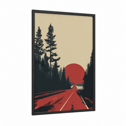 Crimson Highway Sunset framed road and highways print — black wood frame — red and beige palette